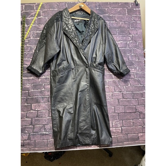 Winlit Black Genuine Leather Long Trench Coat Jacket 80s Classic Womens Medium - Picture 1 of 15